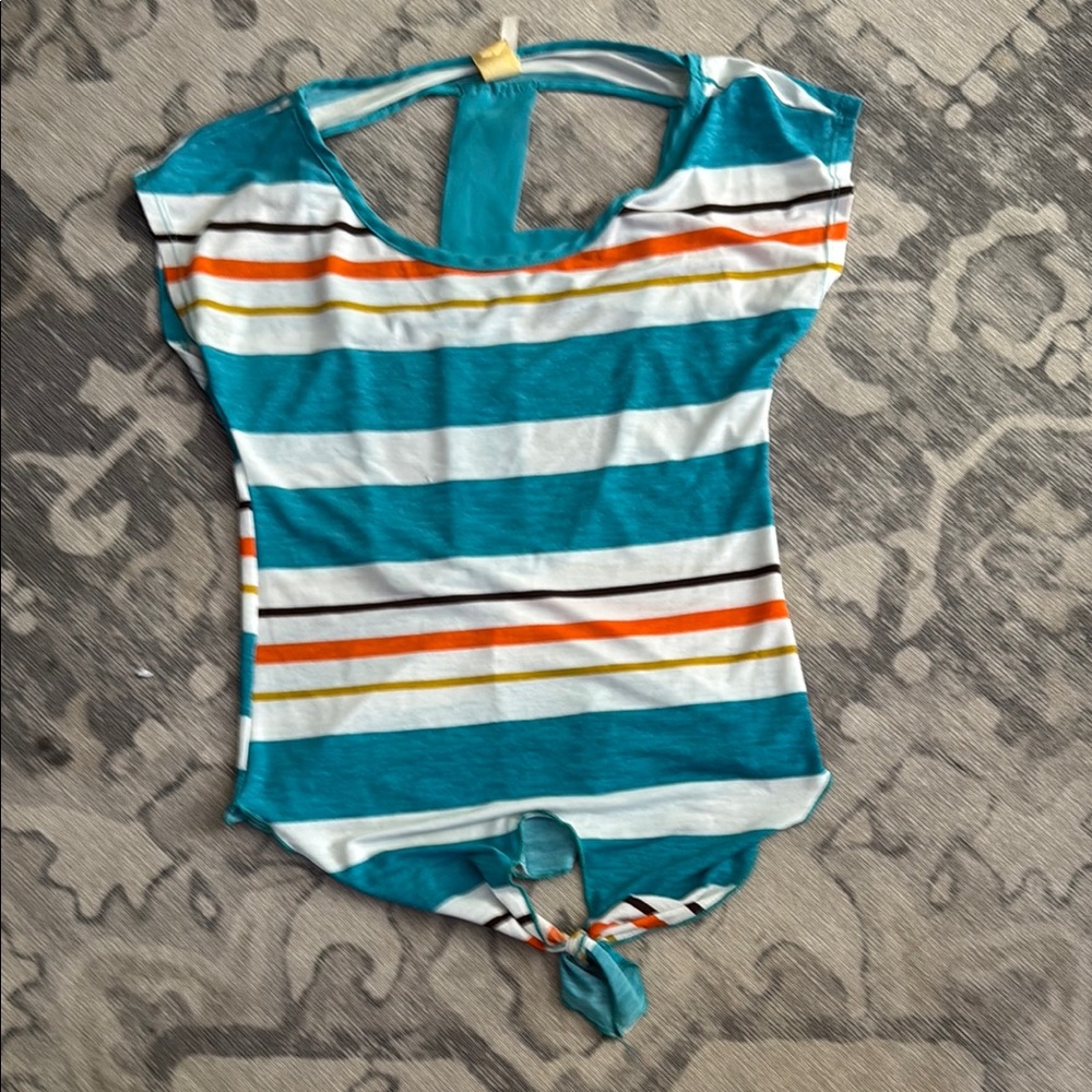 Blue and White Tie Front Cut Out Bodysuit